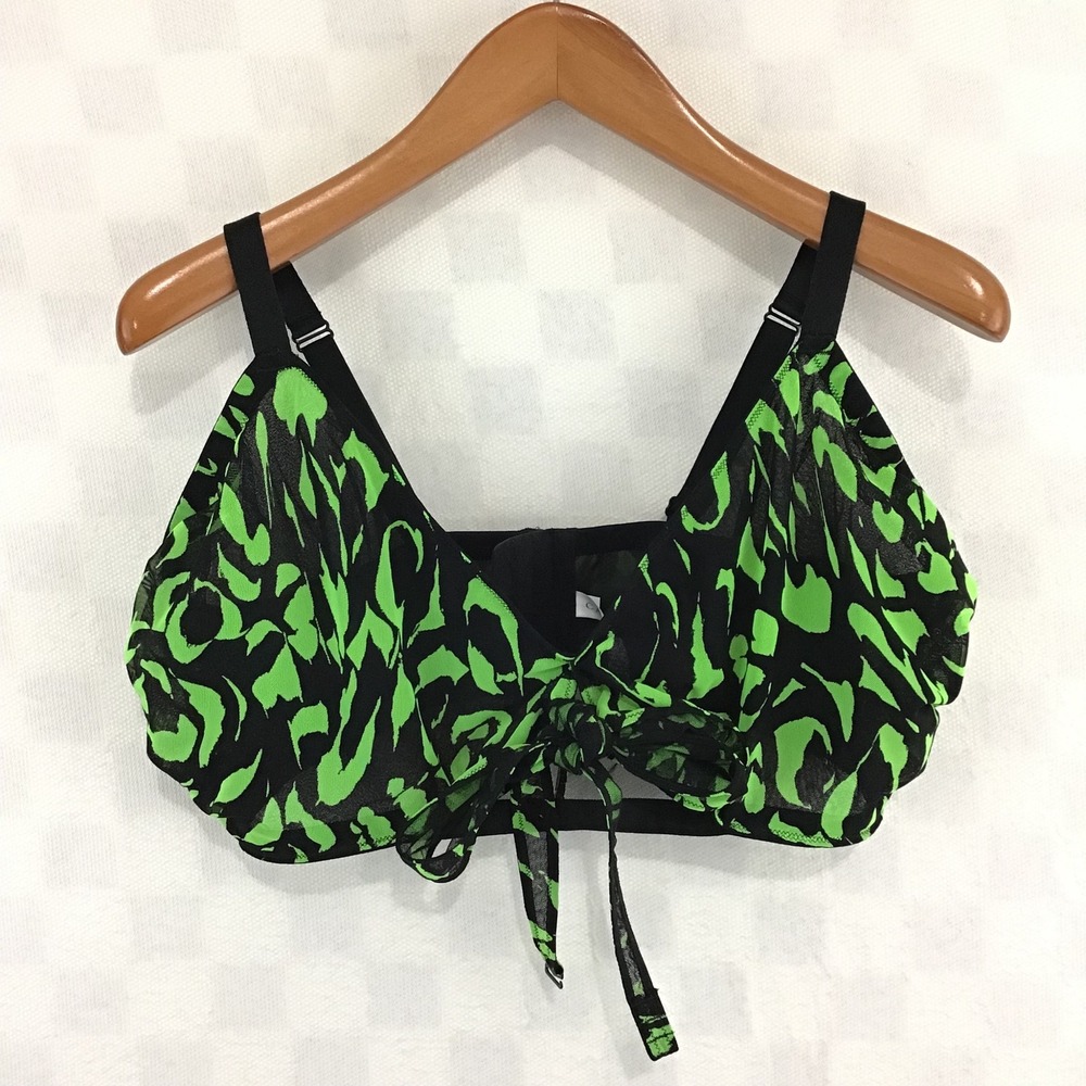 Cacique Neon Green Black Leopard Mesh Bralette 44DD Wrap Front Tie Plus Size